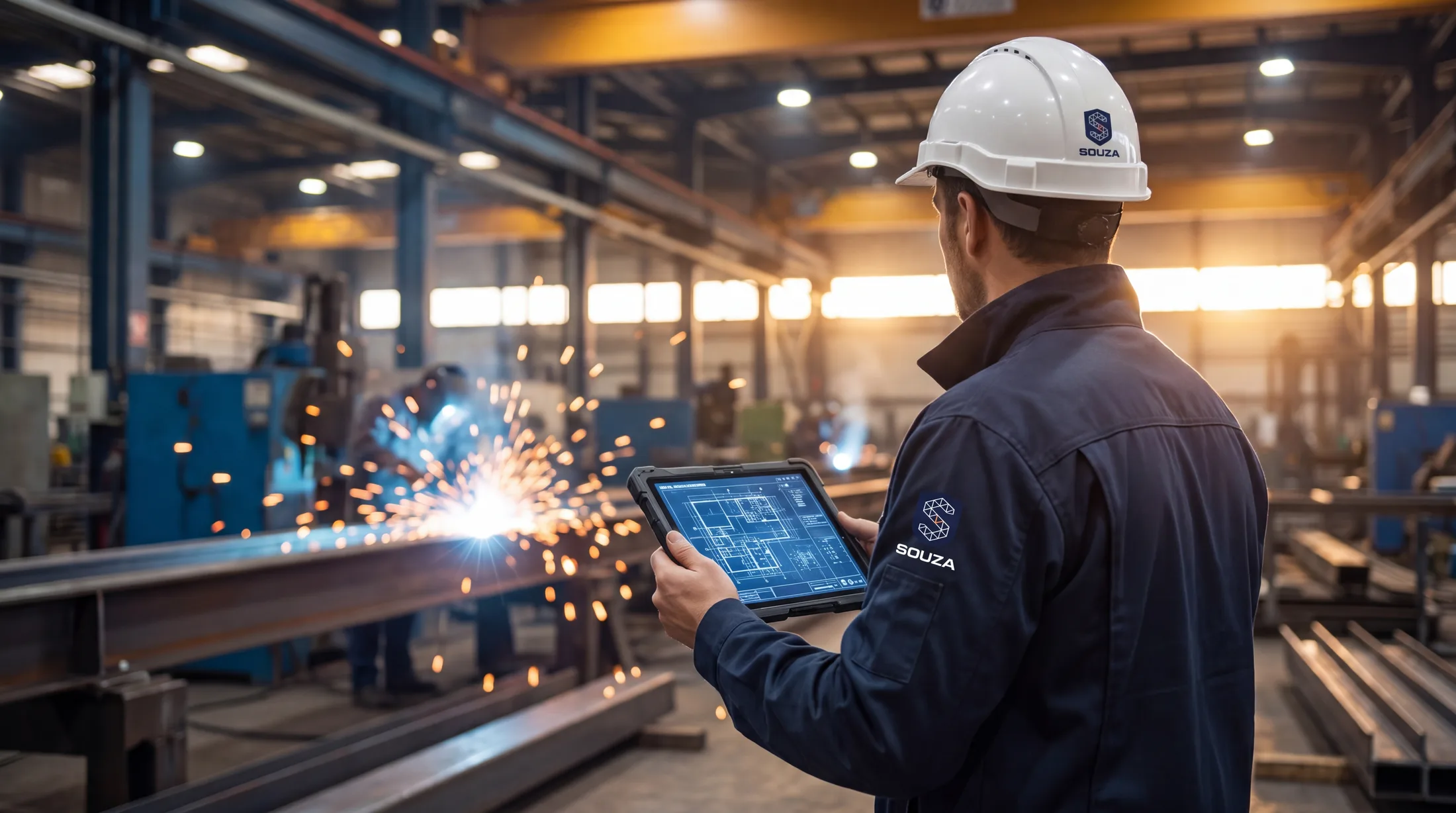 Técnico SOUZA consultando planos en una tablet en planta